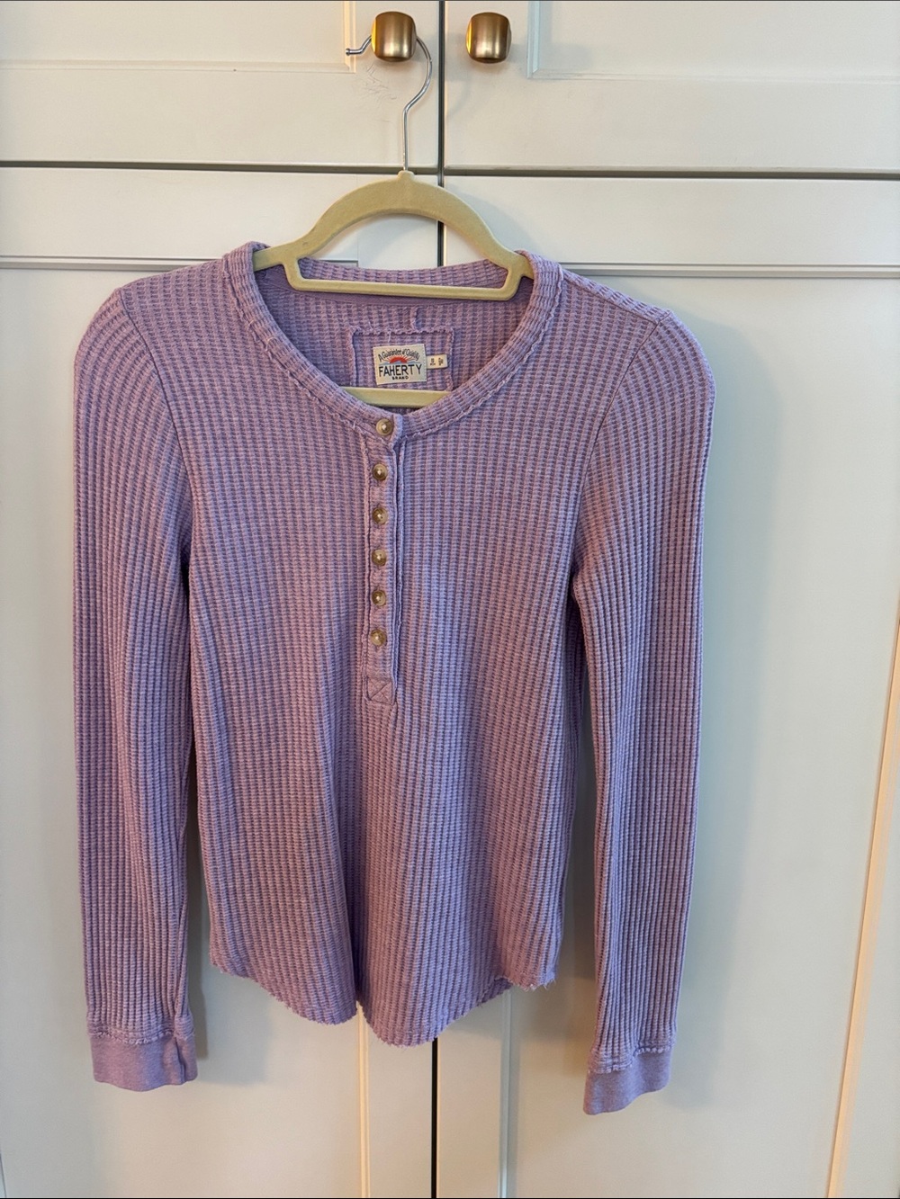 Faherty Lilac Heather Waffle Ribbed  Henley Long-Sleeve Top Like New Cotton XS